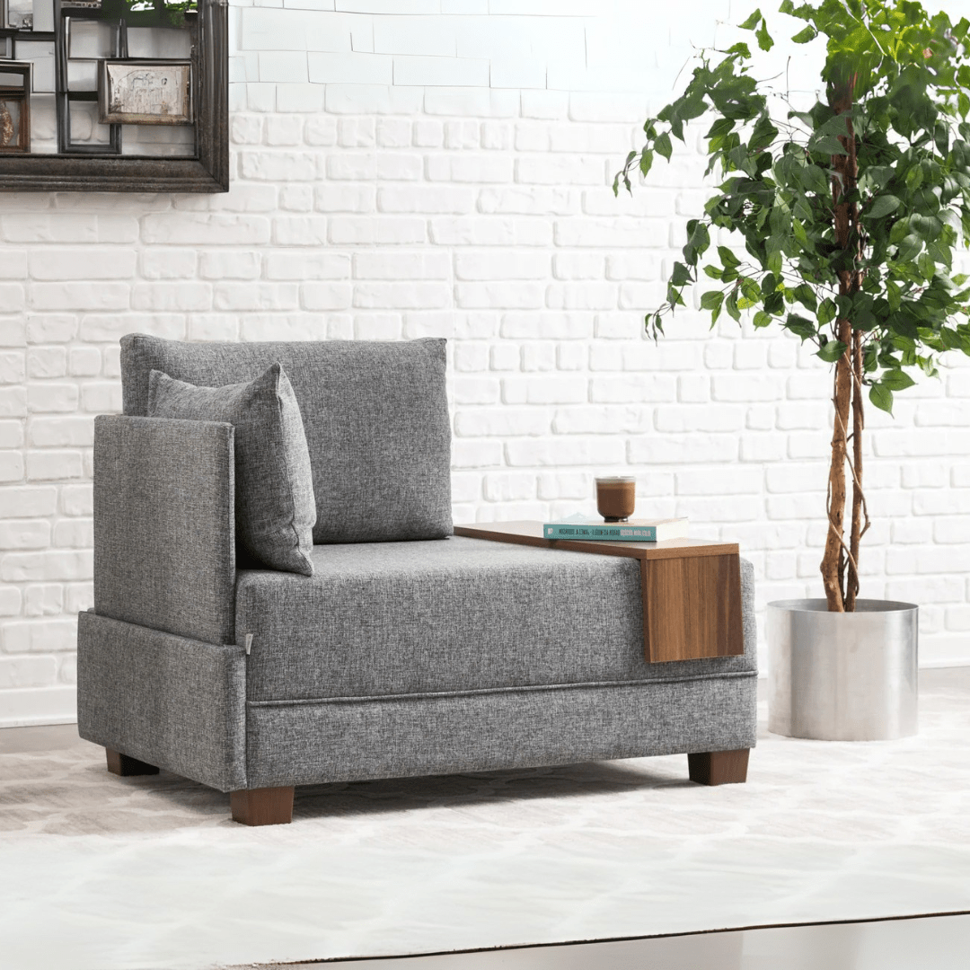 Sillón Moderno Tela Gris Fly - Izquierdo - Con Mesa De Madera
