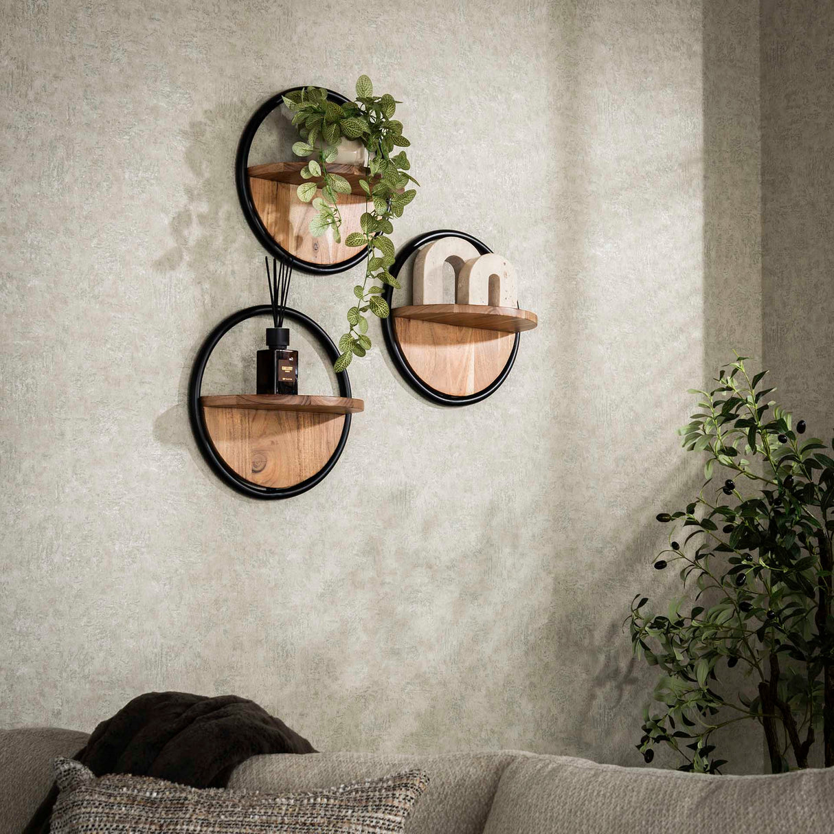 Estante de pared redondo de madera maciza de acacia de 35 cm, set de 3