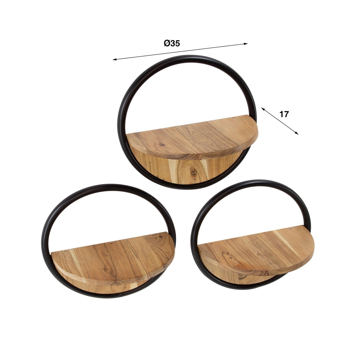 Estante de pared redondo de madera maciza de acacia de 35 cm, set de 3