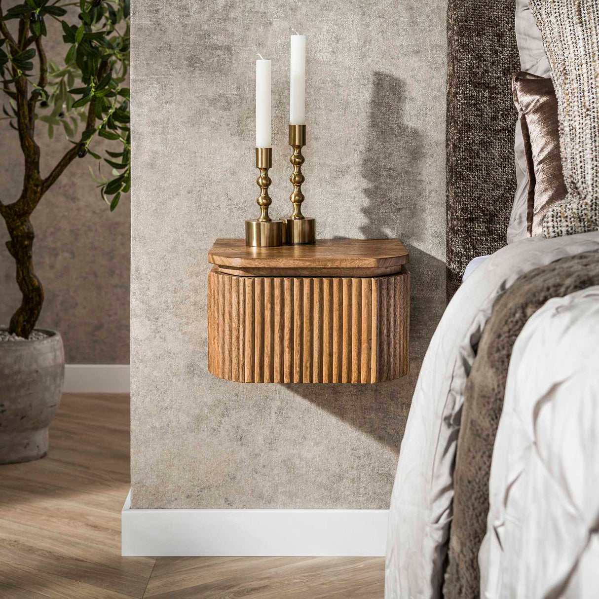 Mesita de noche flotante Madera de mango Arena – 1 cajón