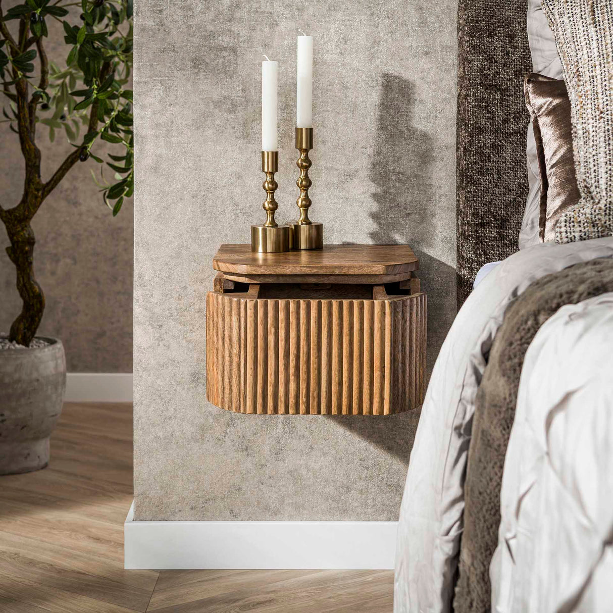 Mesita de noche flotante Madera de mango Arena – 1 cajón