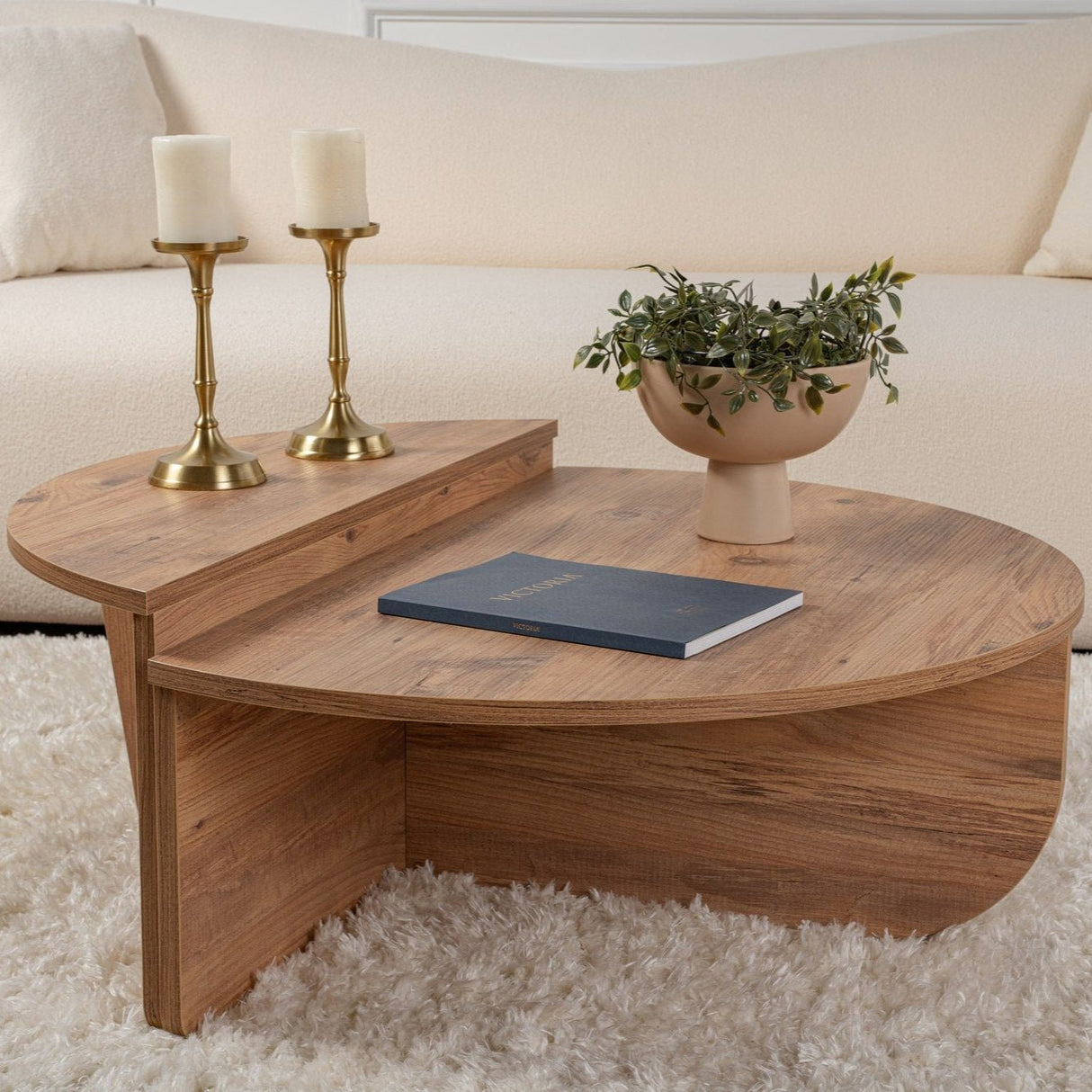 Mesa de centro redonda de madera de pino atlántico escalonada melamina 90 cm Orin