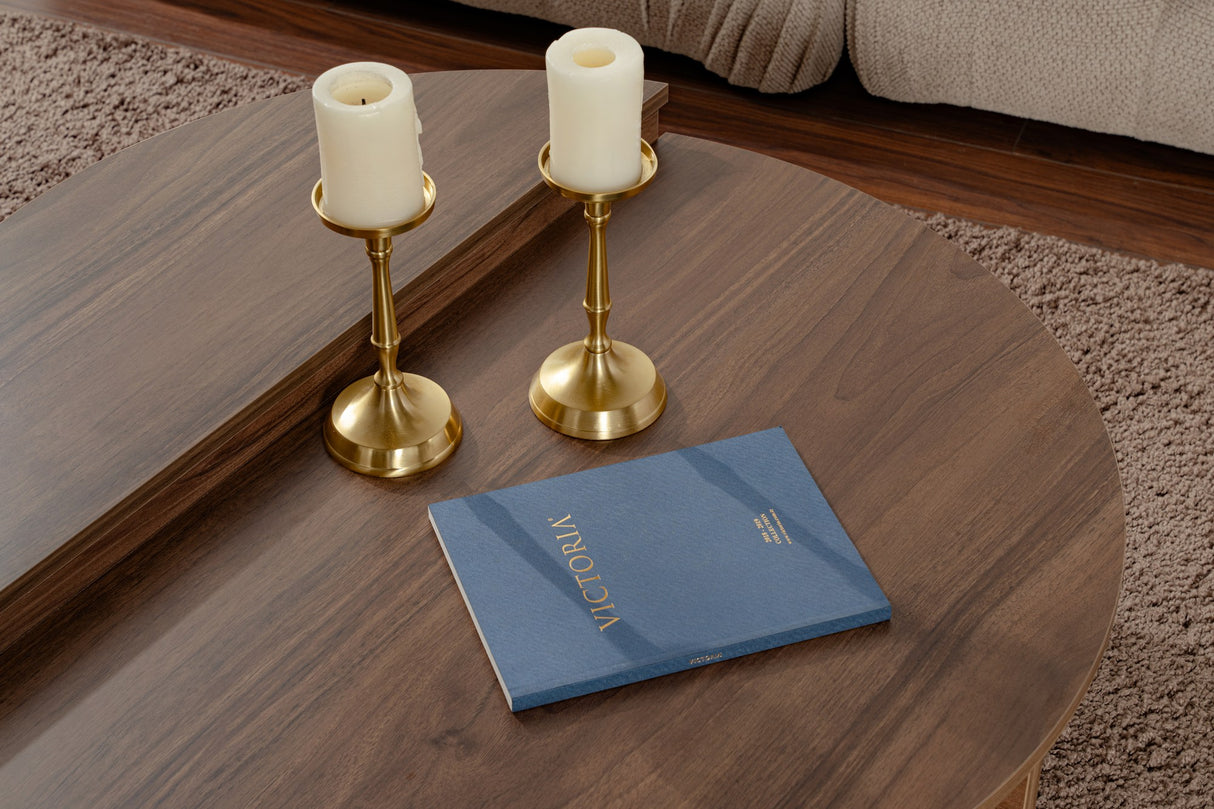 Mesa de salón redonda de 85 cm en nogal natural melamina Orin