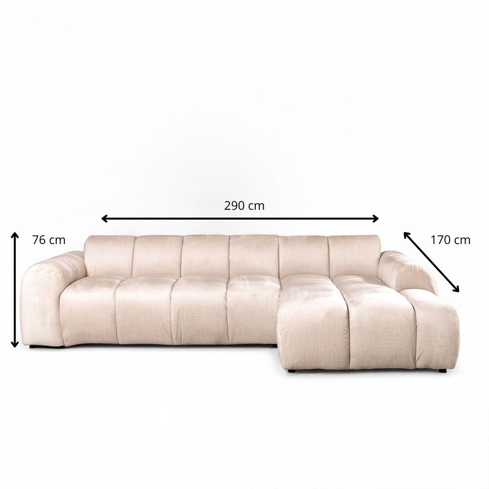 Sofás-Sofá rinconera con salón tejido textura terciopelo beige - rayas - derecha - Brix-Dimehouse