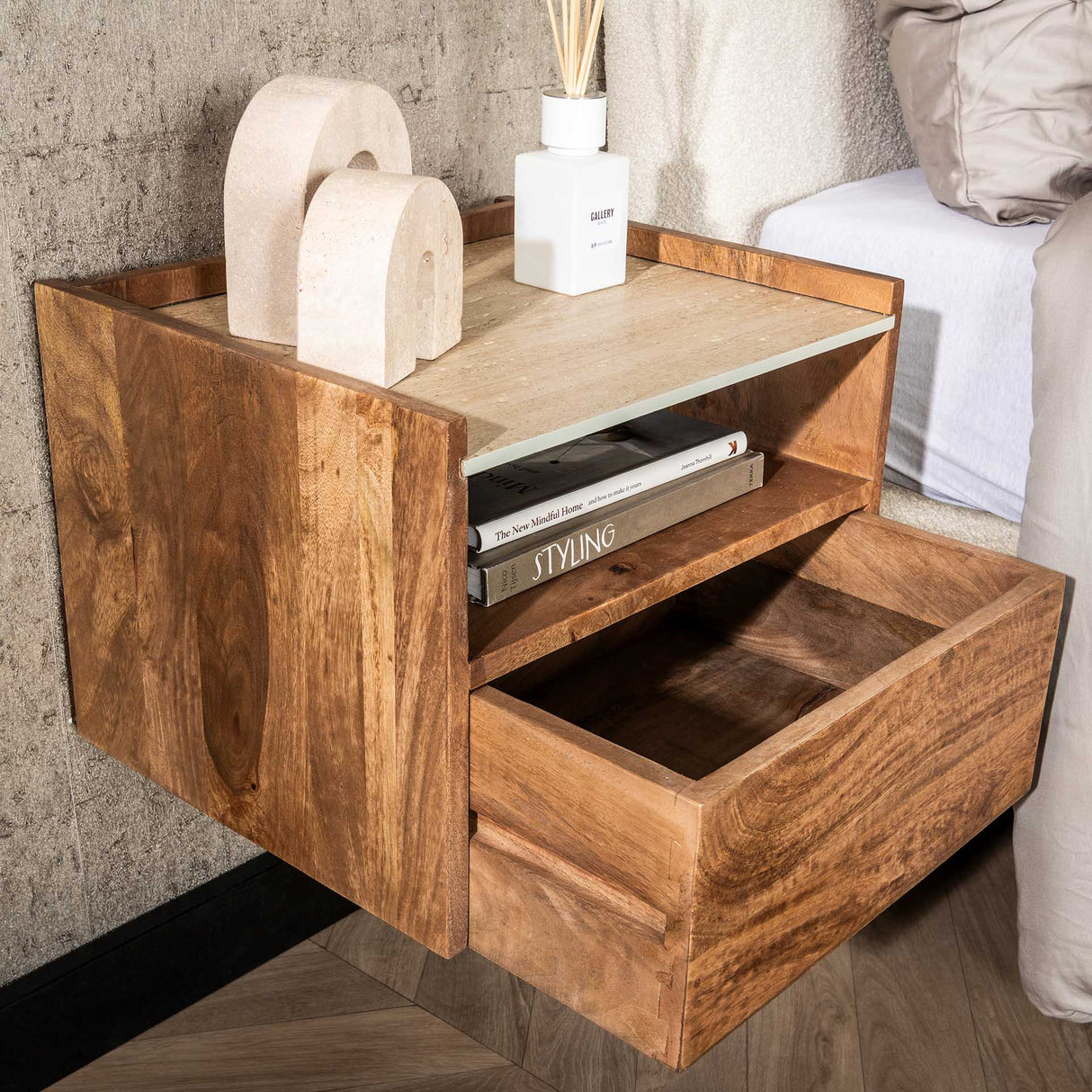 Mesita de noche colgante Orto, 1 cajón, 1 compartimento Madera de mango Cerámica