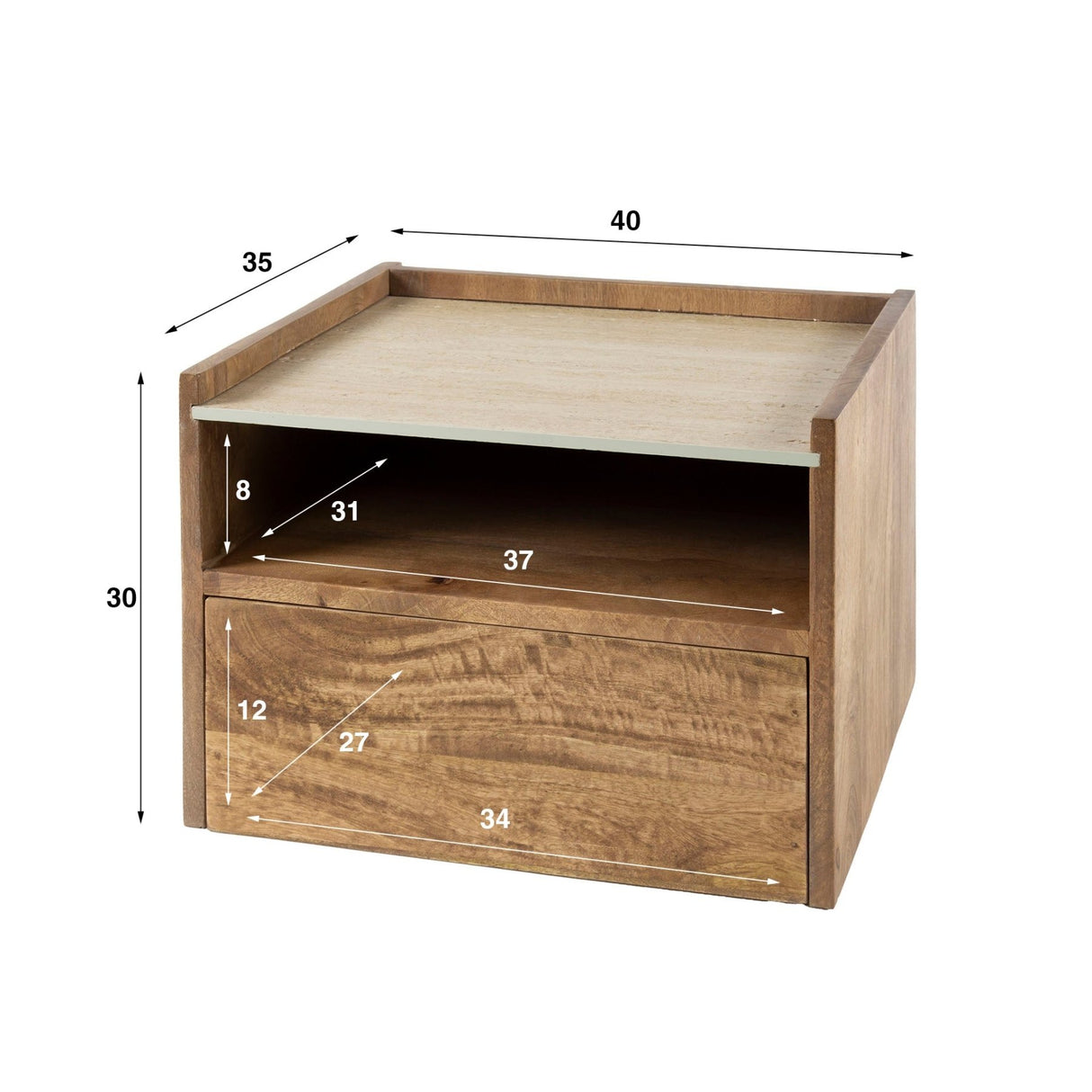 Mesita de noche colgante Orto, 1 cajón, 1 compartimento Madera de mango Cerámica