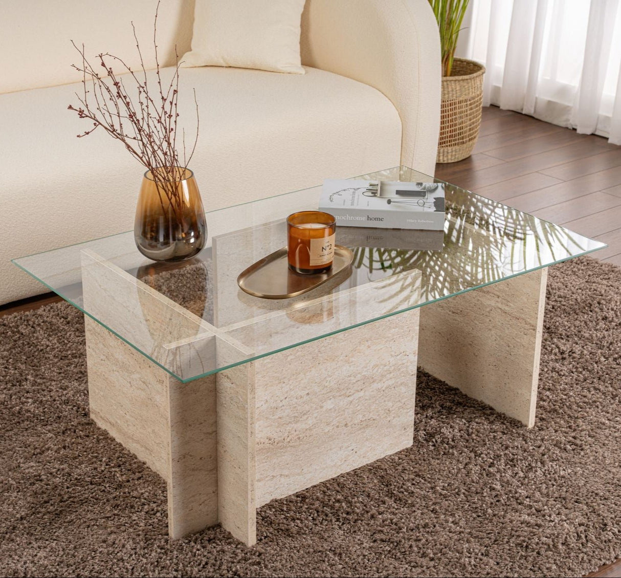 Salontafels - Rechthoekige Moderne Salontafel Vetroni Travertin Look - Glas - 105x65 cm - Dimehouse