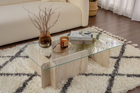 Mesa de salón de vidrio con aspecto de mármol Opal 105x65 cm