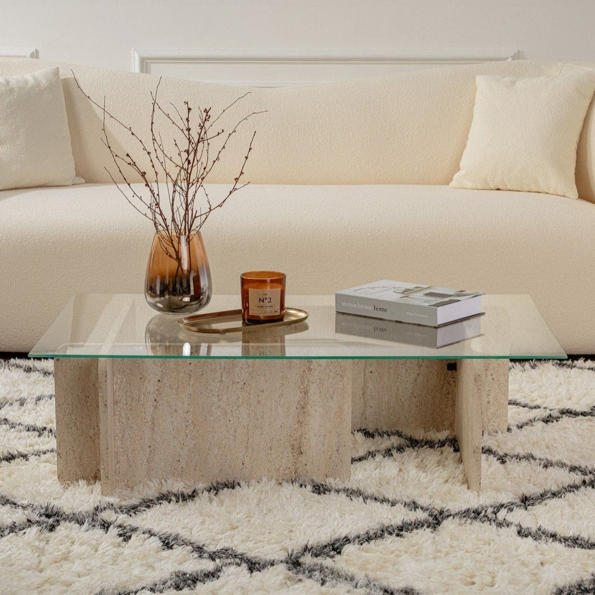 Mesa de salón de vidrio con aspecto de mármol Opal 105x65 cm