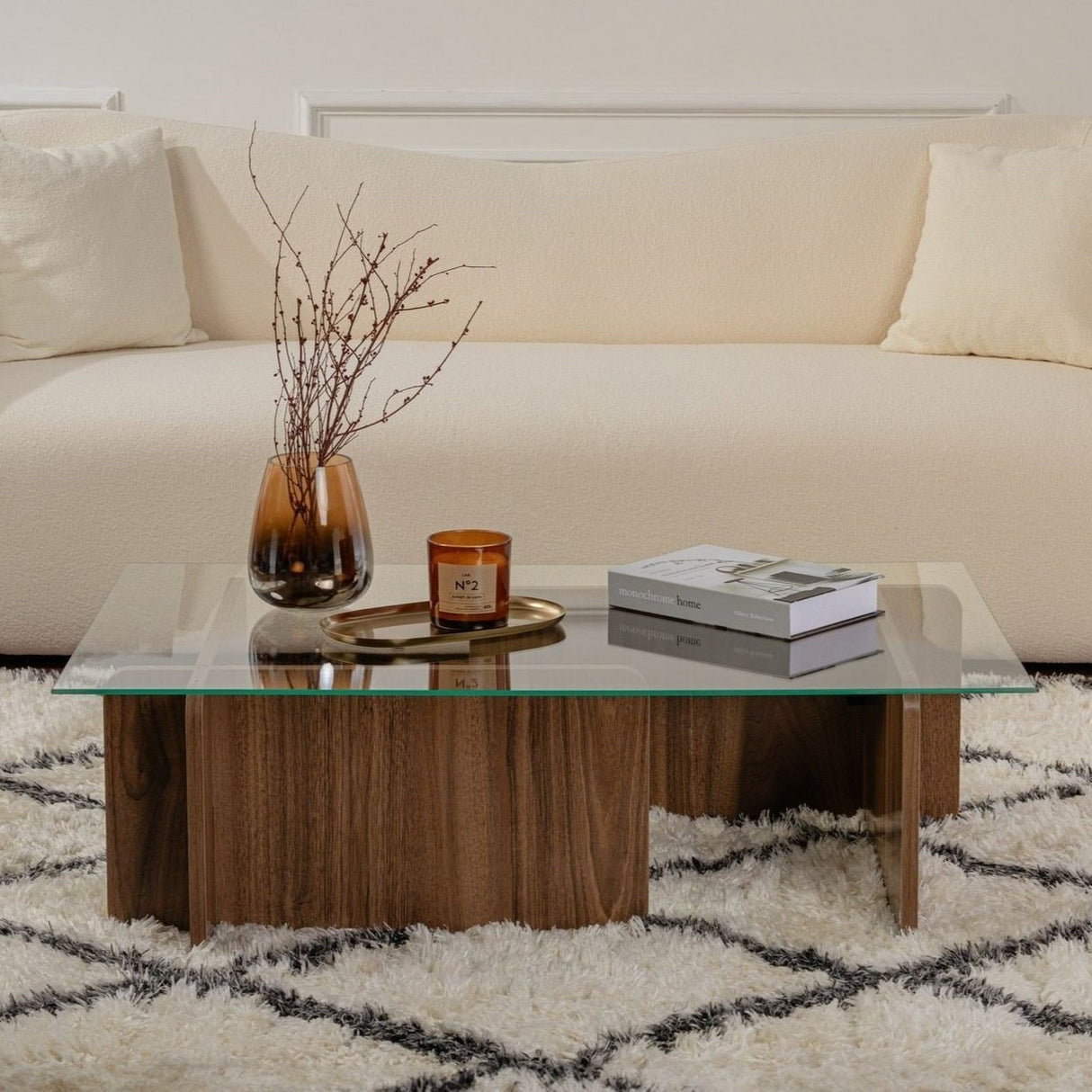 Mesa de salón Natural Nogal Vidrio Opal 105x65x30 cm