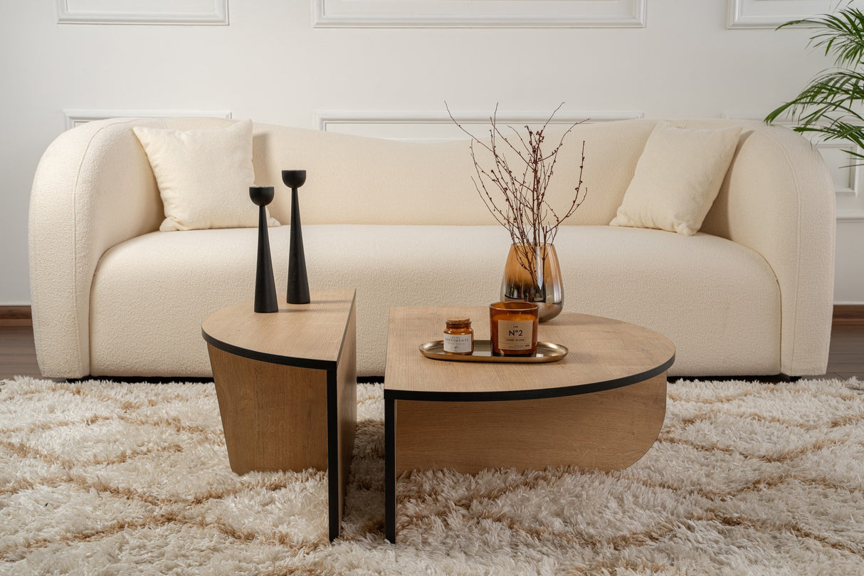 Mesa de salón redonda de 85 cm aspecto de roble natural melamina Orin