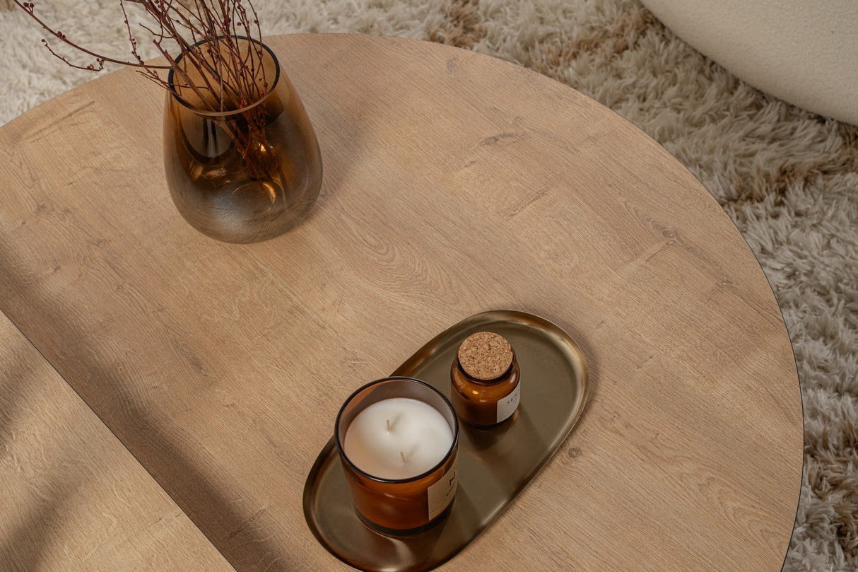 Mesa de salón redonda de 85 cm aspecto de roble natural melamina Orin