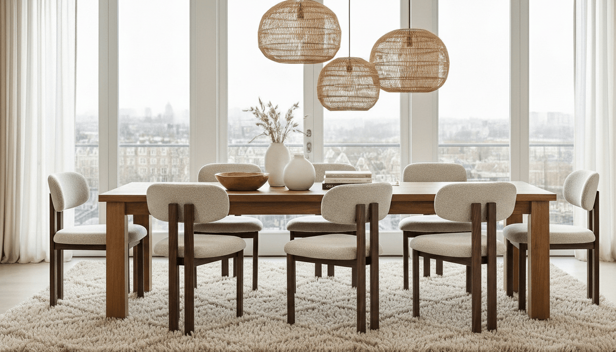 Silla de comedor Japandi Miyo Bouclé Marfil - Estructura de aspecto nogal