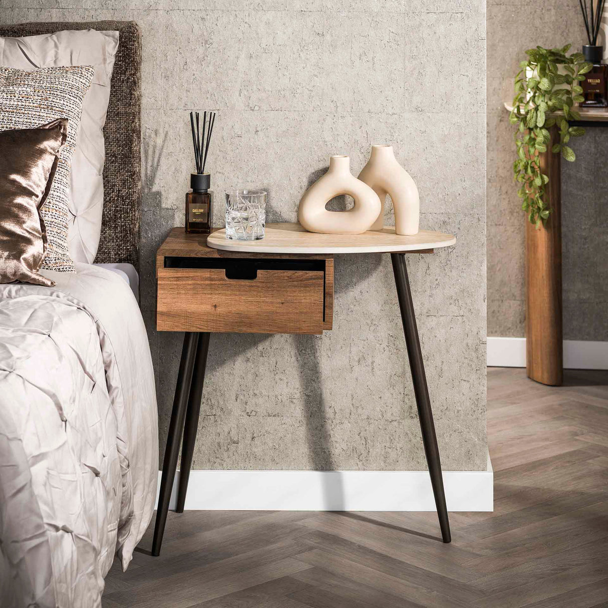 Borea mesita de noche derecha 1 cajón cerámica travertino