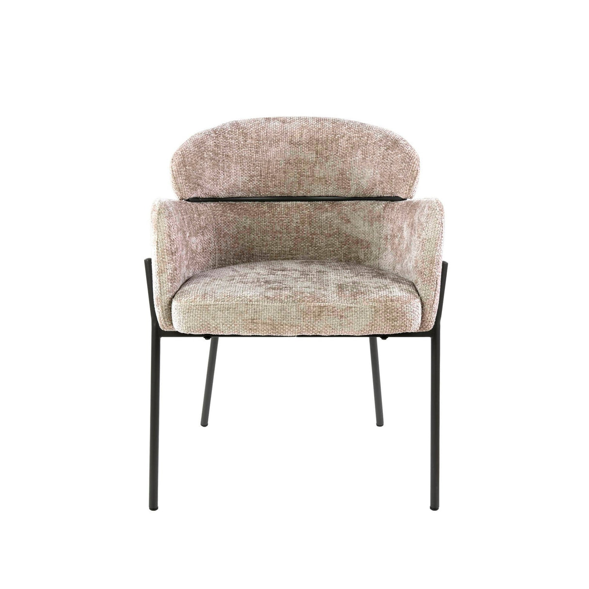 Silla de comedor Lola Bouclé de tela color arena con respaldo redondo y brazos