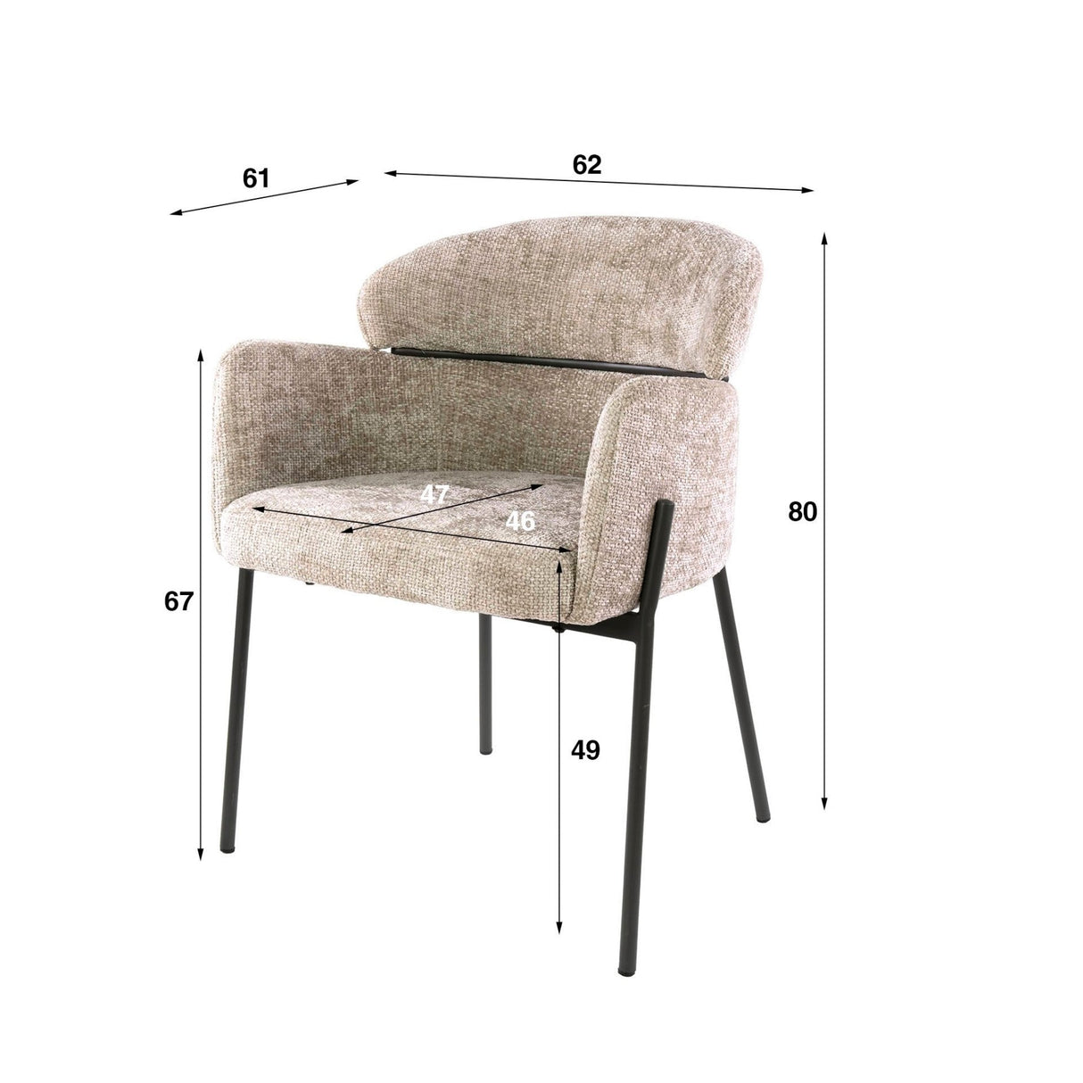 Silla de comedor Lola Bouclé de tela color arena con respaldo redondo y brazos