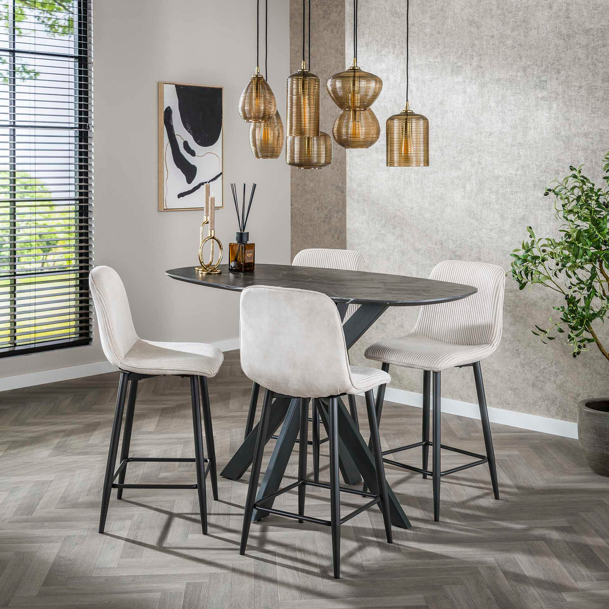 Taburete moderno Lento Rib Rock Tela Tela de lino color marfil con estructura de costillas