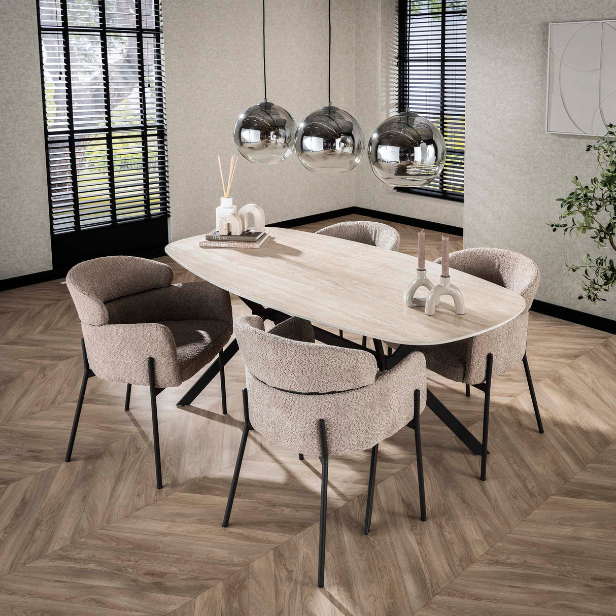 Mesa de comedor Vesta ovalada danesa de cerámica con aspecto de travertino de 180 cm