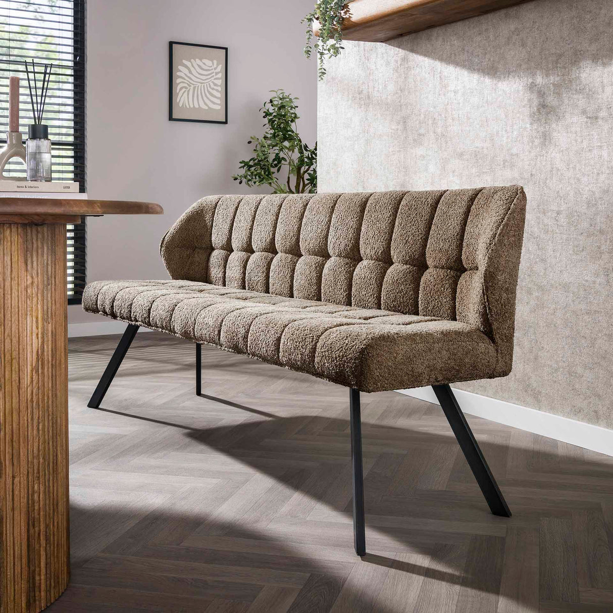 Banco de comedor Lino Bouclé Tela Taupe 180 cm Cuadrado