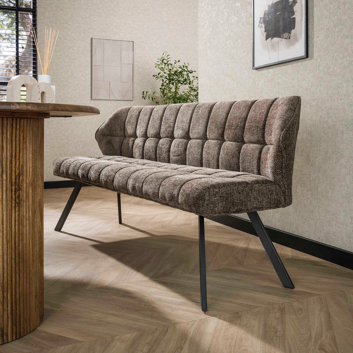 Banco de comedor Lino Chenille Tela Rico Taupe 180 cm Con Cuadros