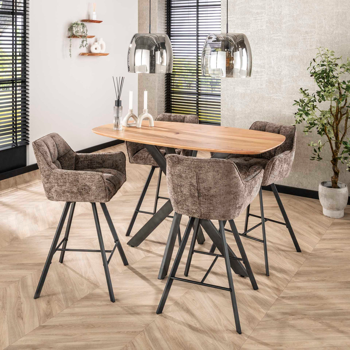 Juego de 2 taburetes de bar de tela chenilla Lino Rich Taupe giratorios