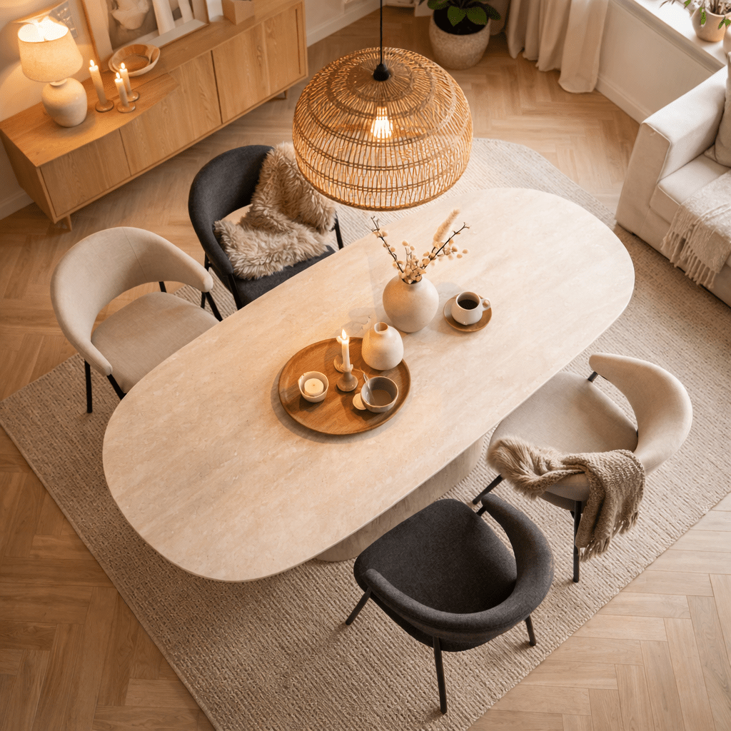Mesa de comedor de travertino con aspecto de piedra sinterizada Lea 180x90 cm - Ovalada danesa