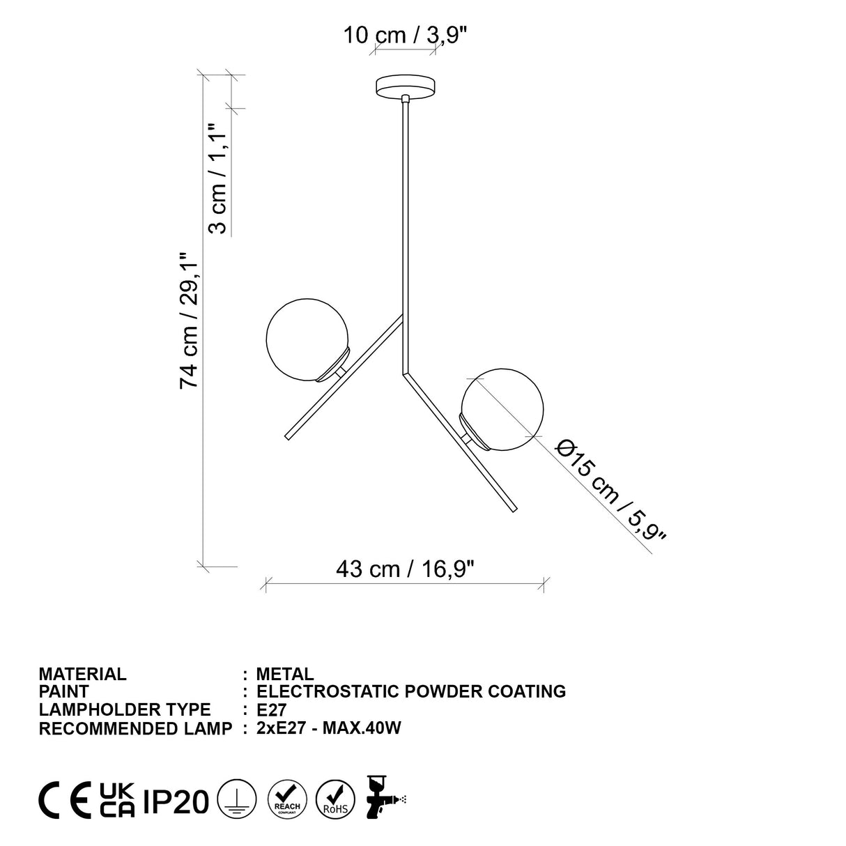 Lámpara colgante de 2 luces Oro Vidrio Nimbus