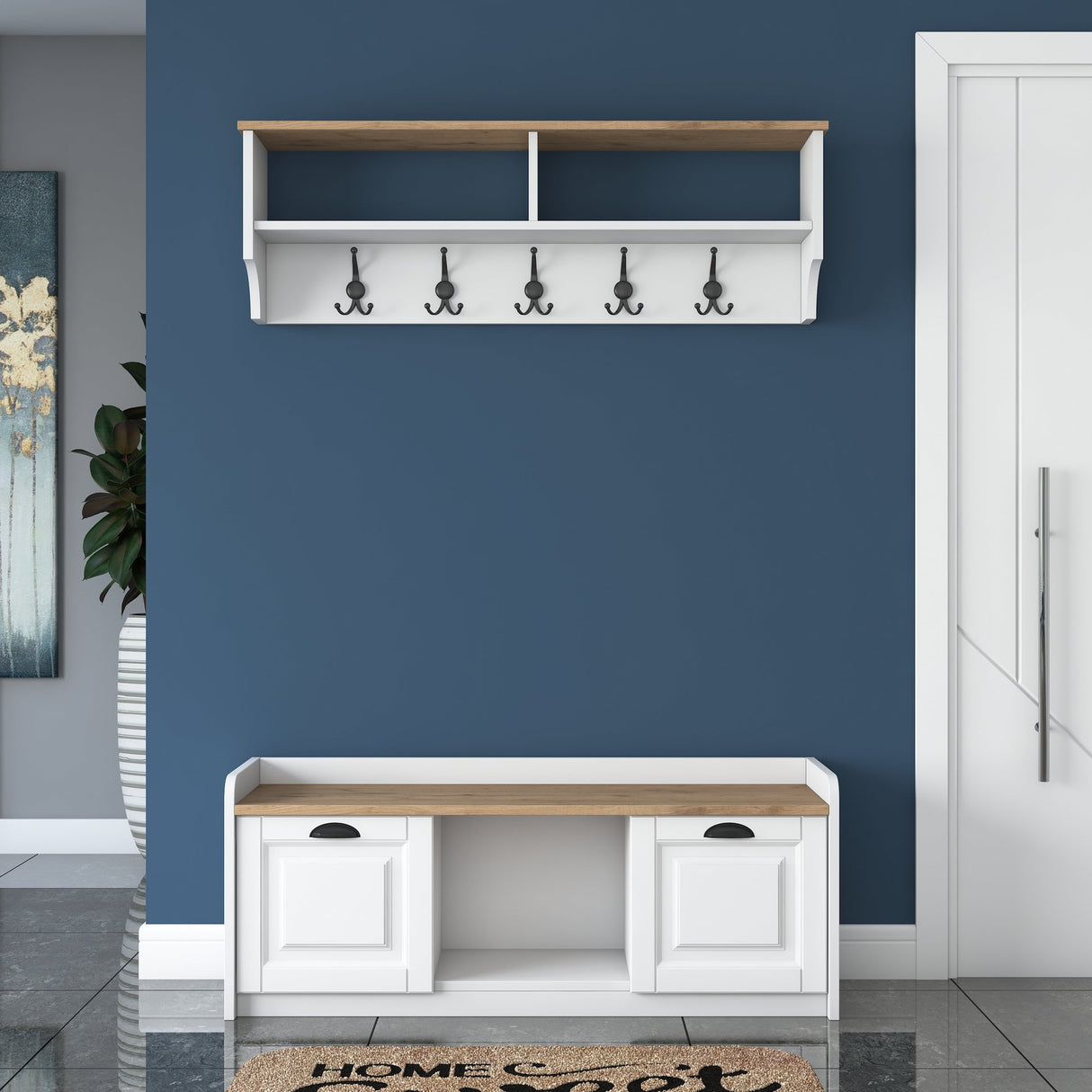 Conjunto de muebles Perchero - Zapatero - Melamina Blanco-Nuez