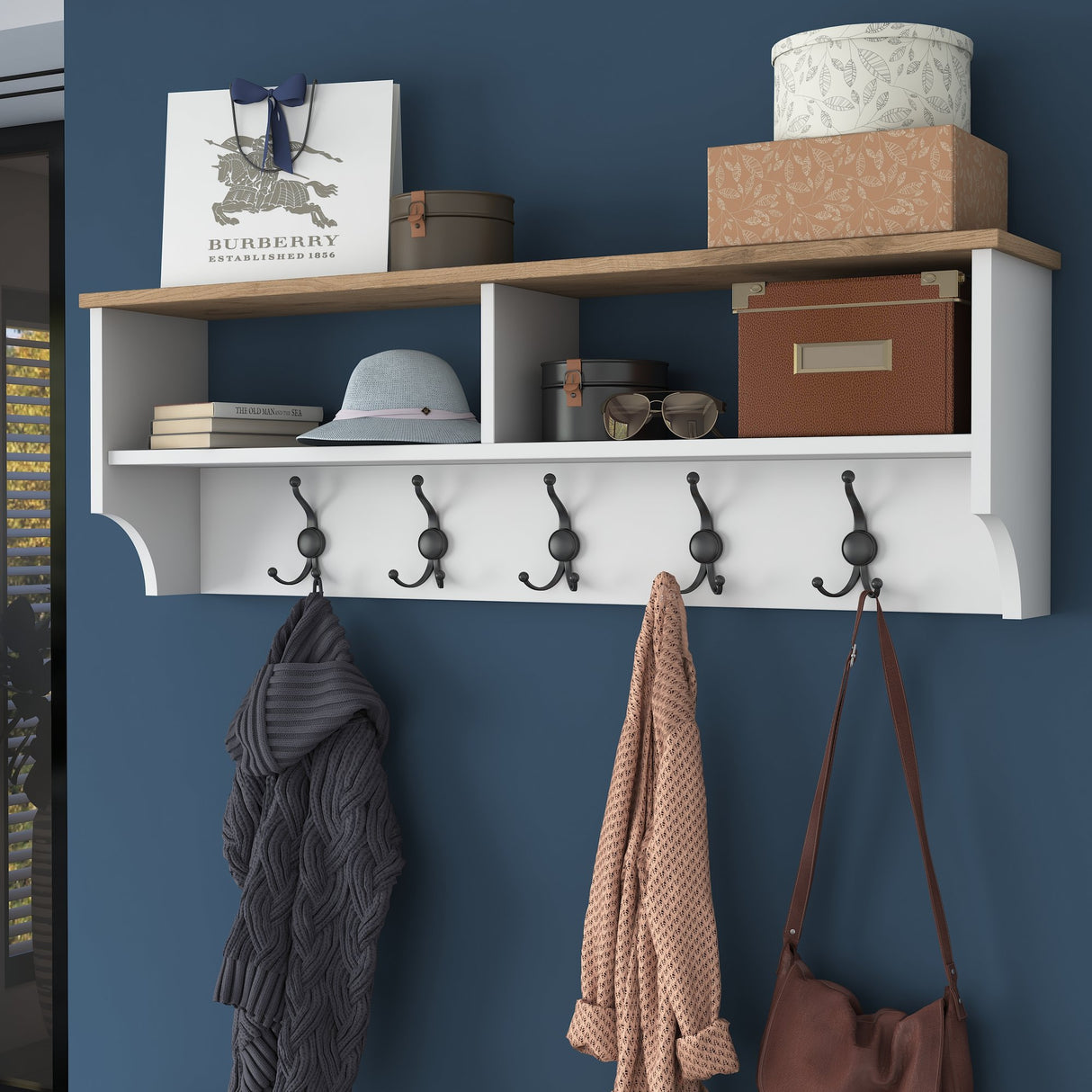 Conjunto de muebles Perchero - Zapatero - Melamina Blanco-Nuez