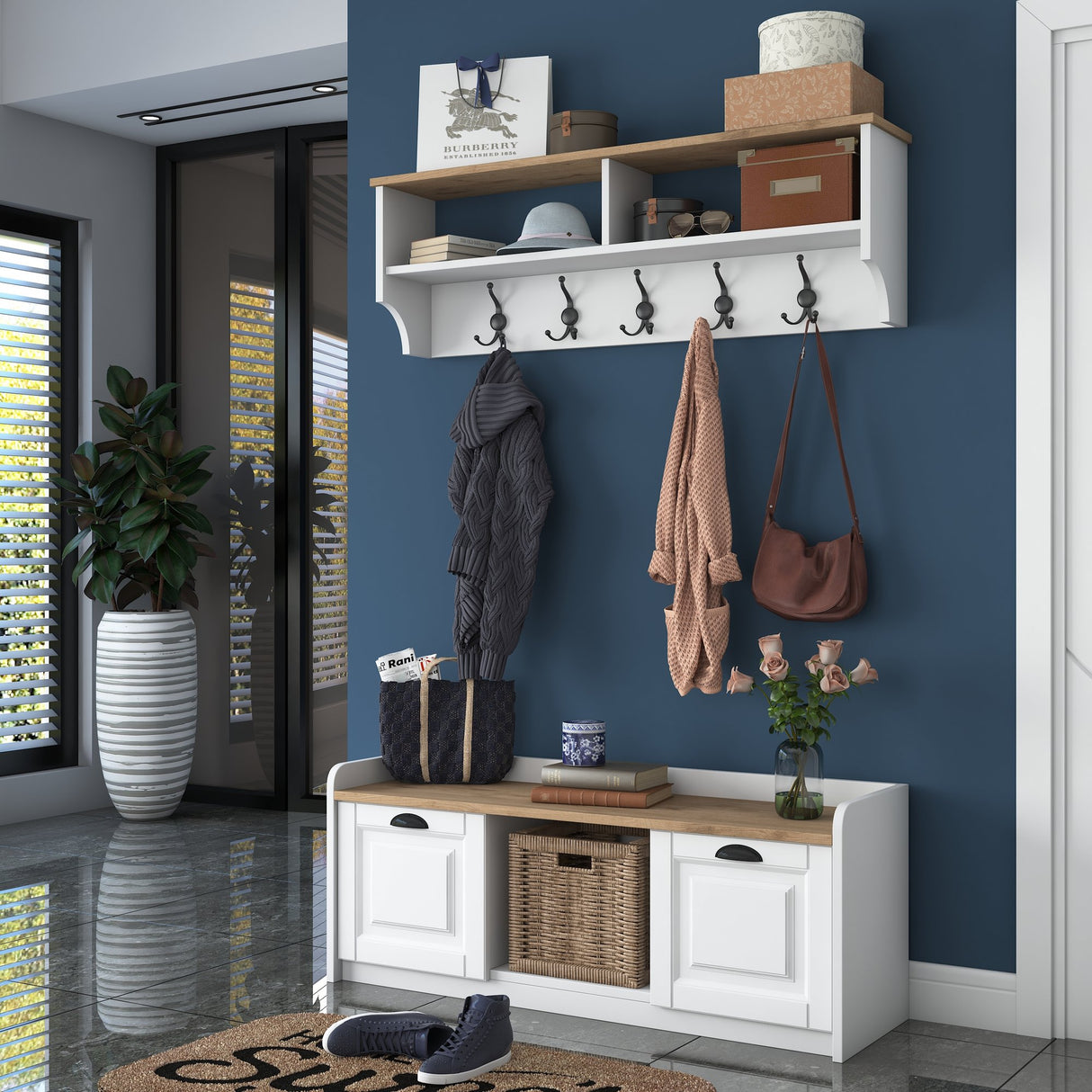 Conjunto de muebles Perchero - Zapatero - Melamina Blanco-Nuez