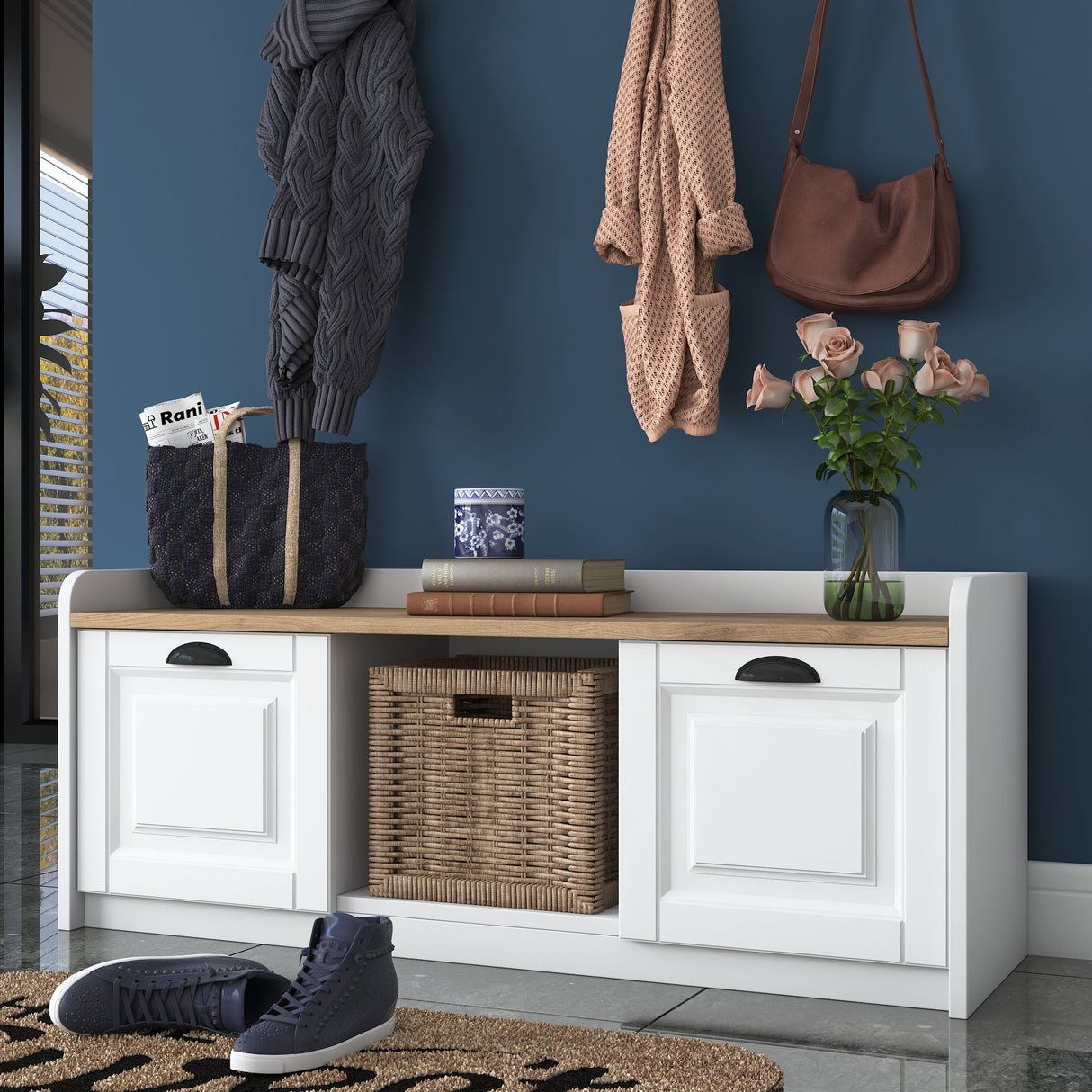 Conjunto de muebles Perchero - Zapatero - Melamina Blanco-Nuez