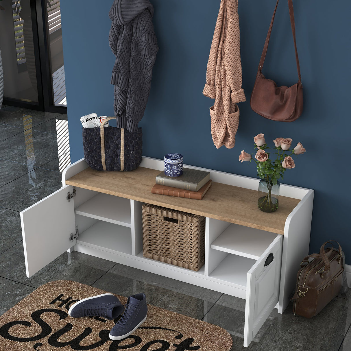 Conjunto de muebles Perchero - Zapatero - Melamina Blanco-Nuez