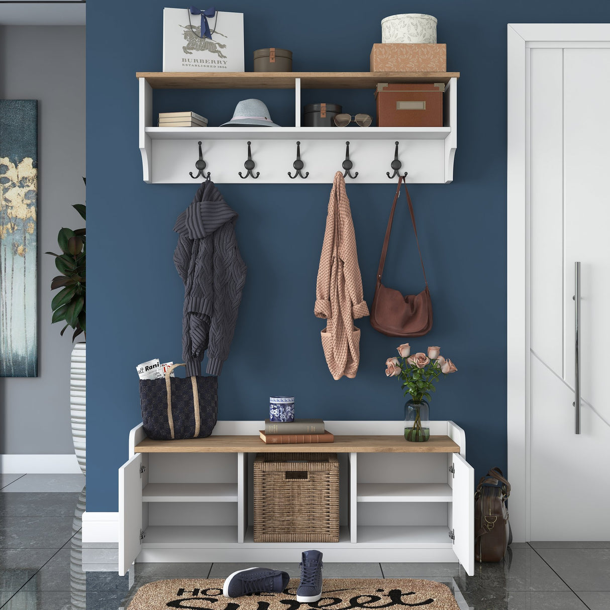 Conjunto de muebles Perchero - Zapatero - Melamina Blanco-Nuez