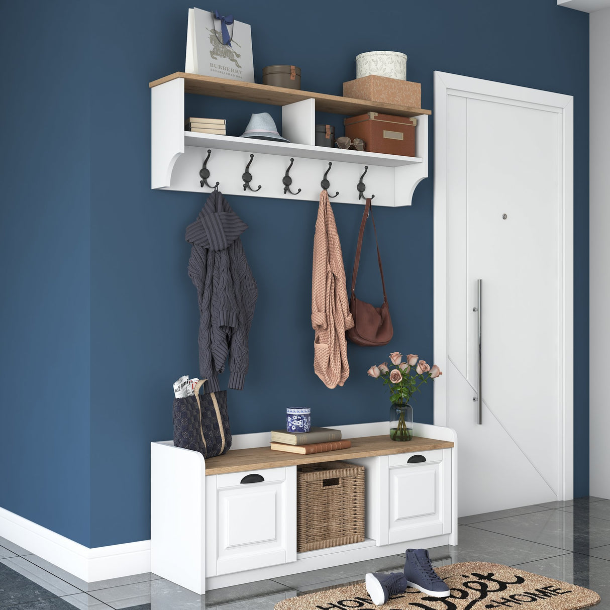 Conjunto de muebles Perchero - Zapatero - Melamina Blanco-Nuez