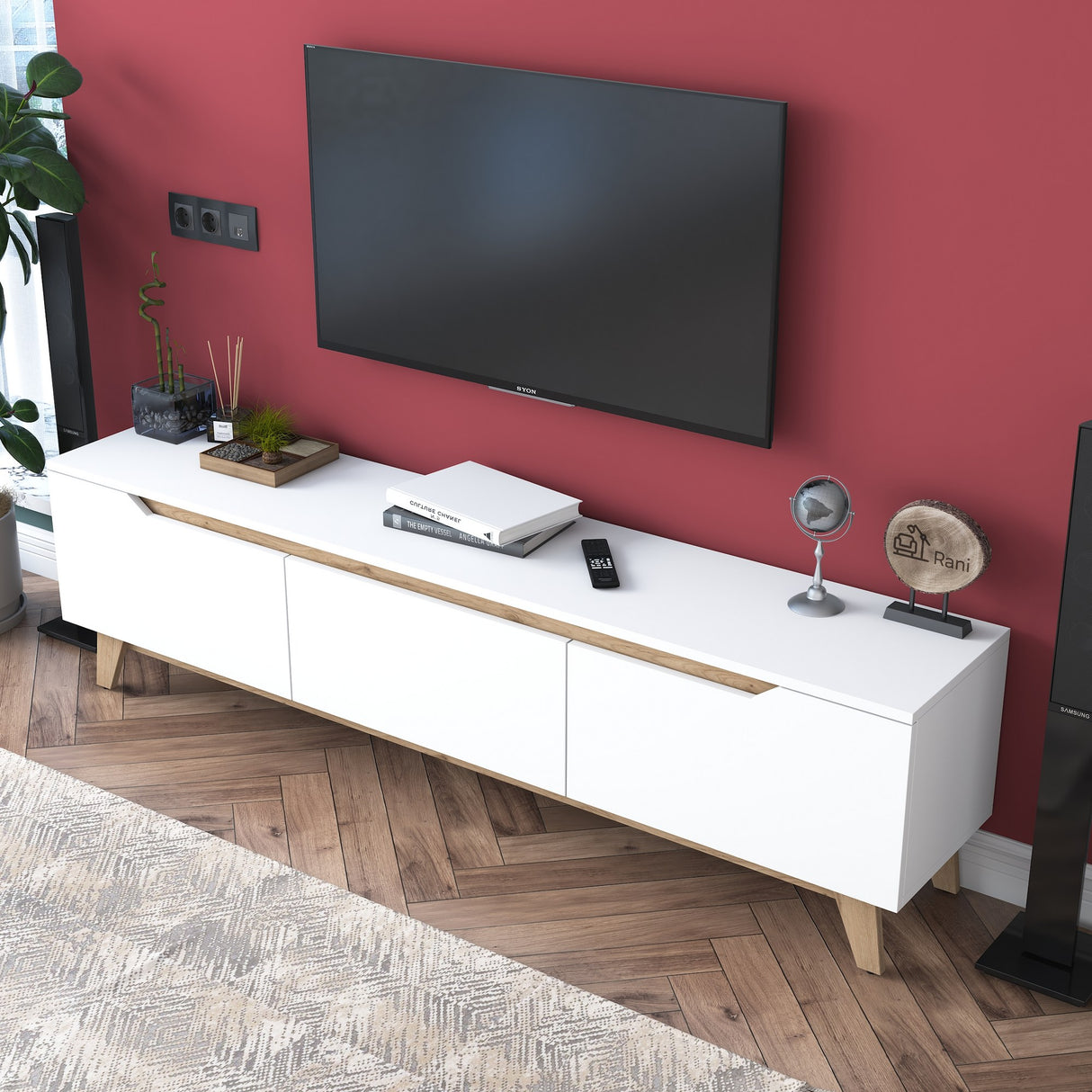 TV Meubels - TV Meubel Osiris Wit Licht Walnoot Melamine 180x48,6x35 cm - Dimehouse