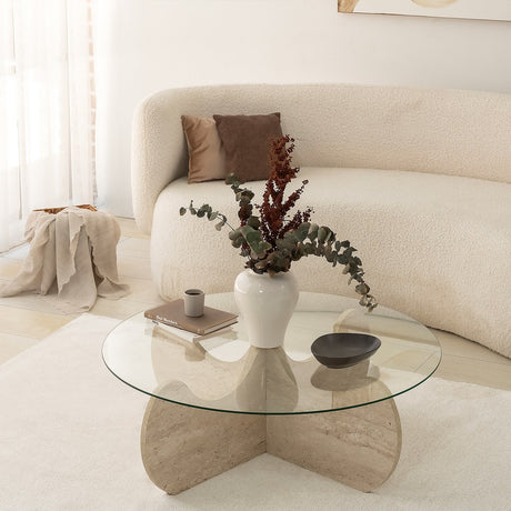Mesa de centro redonda de vidrio de 75 cm de travertino - Hima