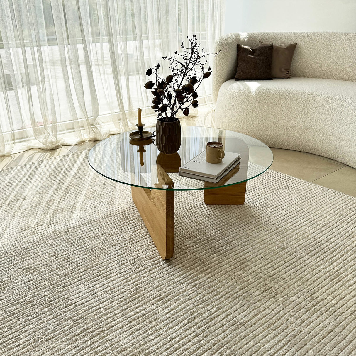 Mesa de salón redonda de vidrio Mio - 75 cm - Base de madera