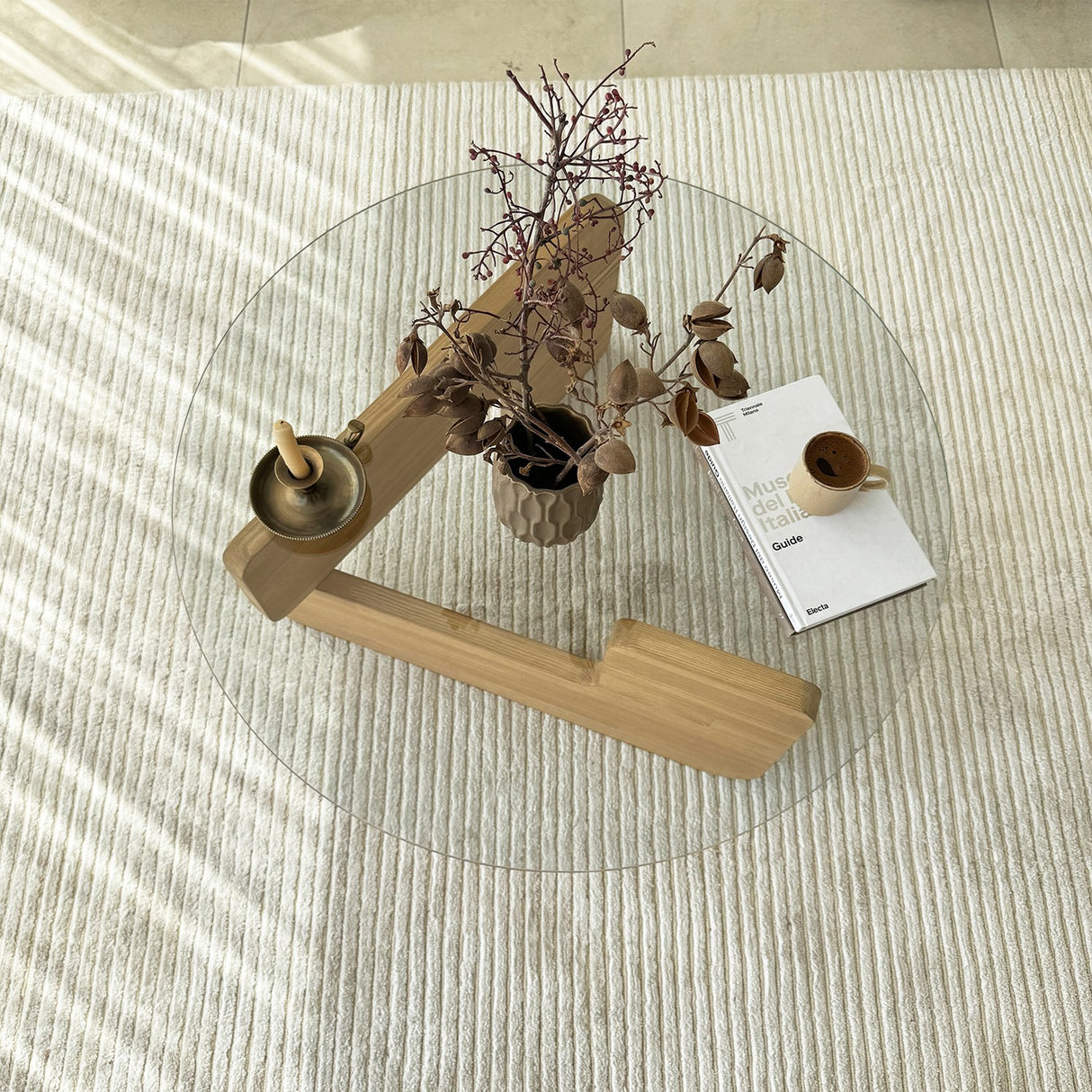 Mesa de salón redonda de vidrio Mio - 75 cm - Base de madera