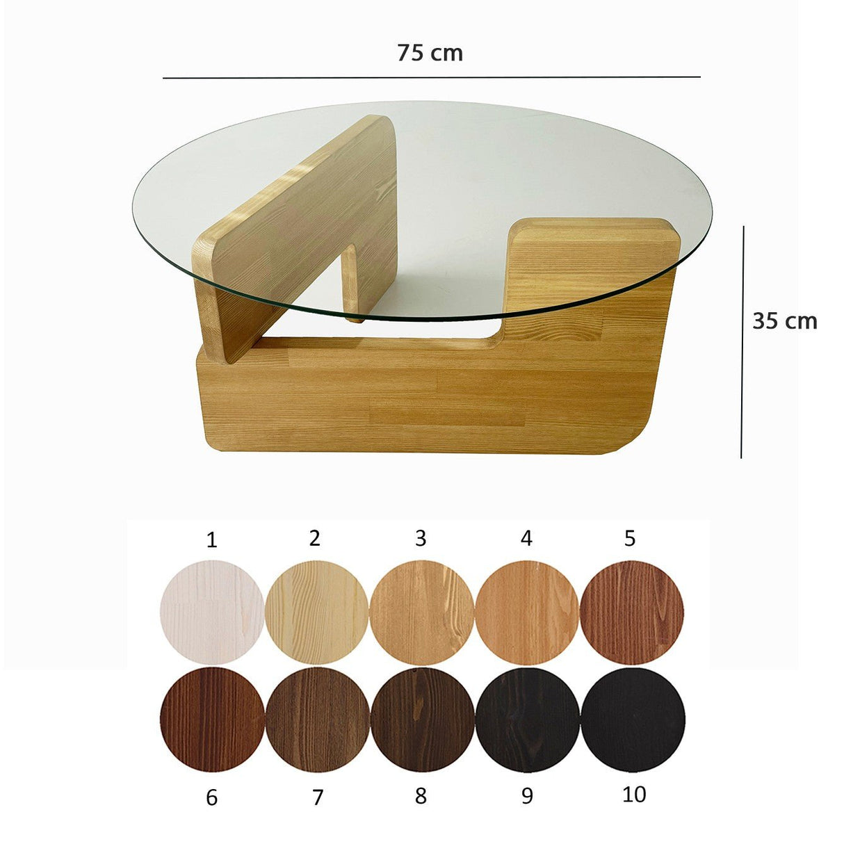 Mesa de salón redonda de vidrio Mio - 75 cm - Base de madera