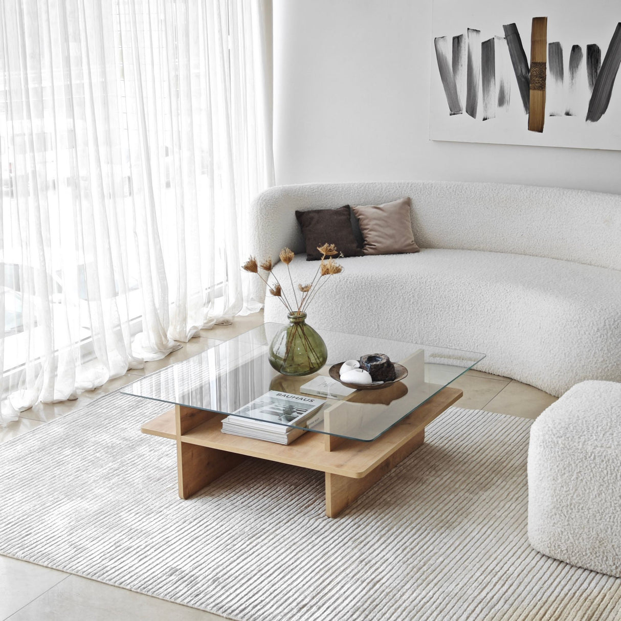 Mesa de salón cuadrada de vidrio Sagu - Base de melamina Sapphire - 90x90 cm