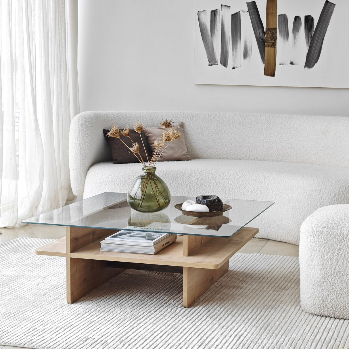 Mesa de salón cuadrada de vidrio Sagu - Base de melamina Sapphire - 90x90 cm