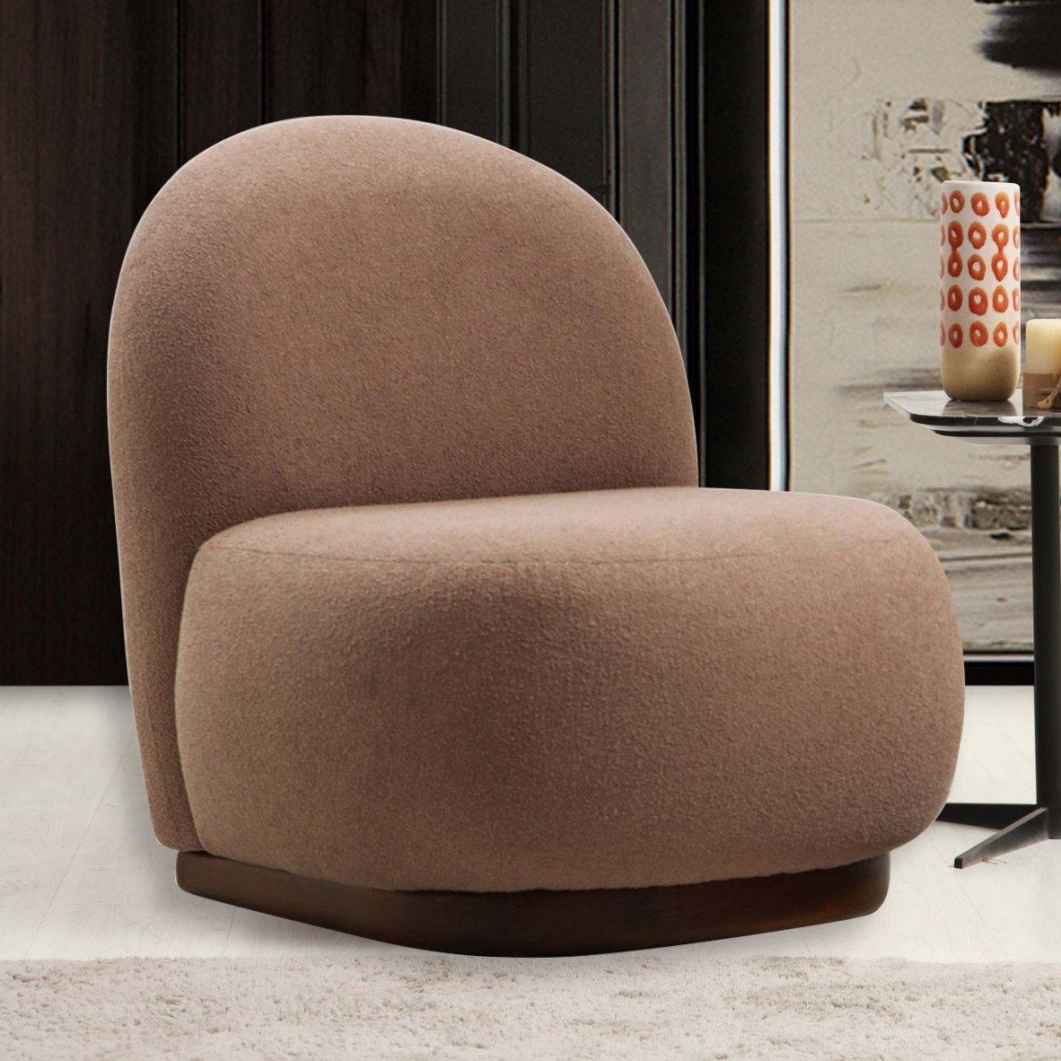 Fauteuils - Japandi fauteuil bruin bouclé organische vorm Tina - Dimehouse