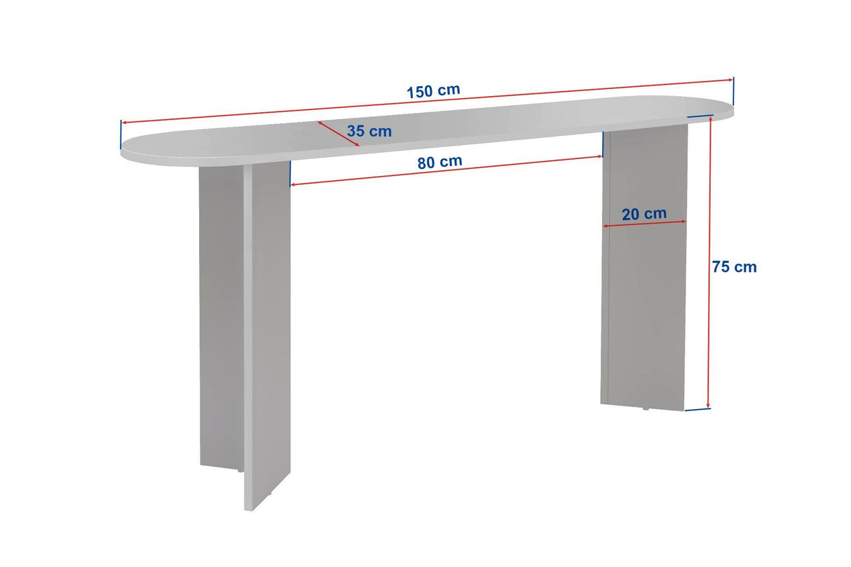 Foto en blanco con dimensiones: moderna mesa auxiliar ovalada con tapa de aspecto travertino y base de melamina de nogal.