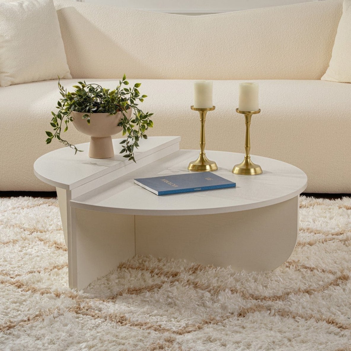 Mesa de centro redonda Wood blanca 85 cm aspecto madera melamina Orin