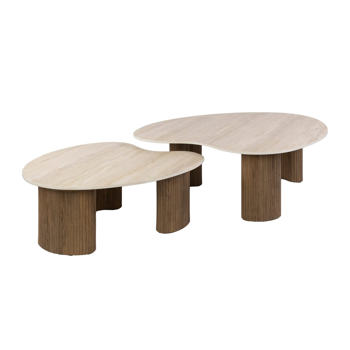 Juego de 2 mesas de centro orgánicas Cruz - cerámica imitación madera de roble travertino acanalada