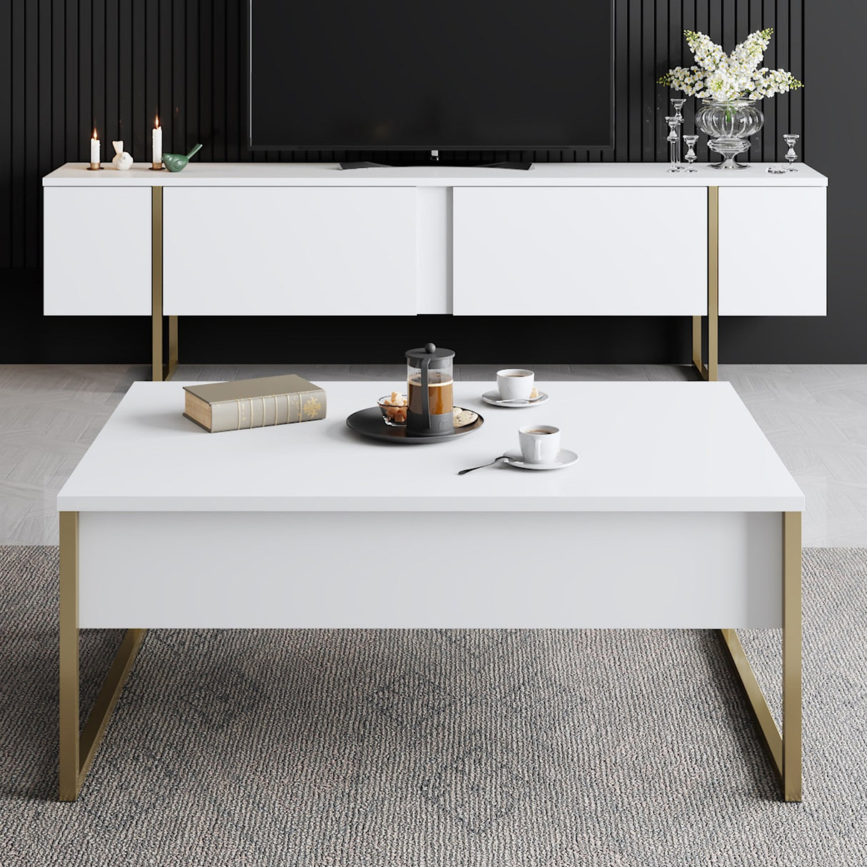 Muebles de TV de lujo Gold White Melamine 180x50x30 cm