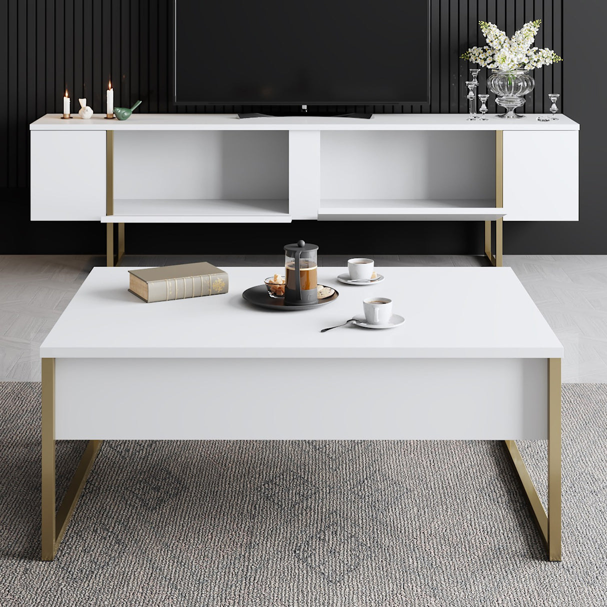 Muebles de TV de lujo Gold White Melamine 180x50x30 cm