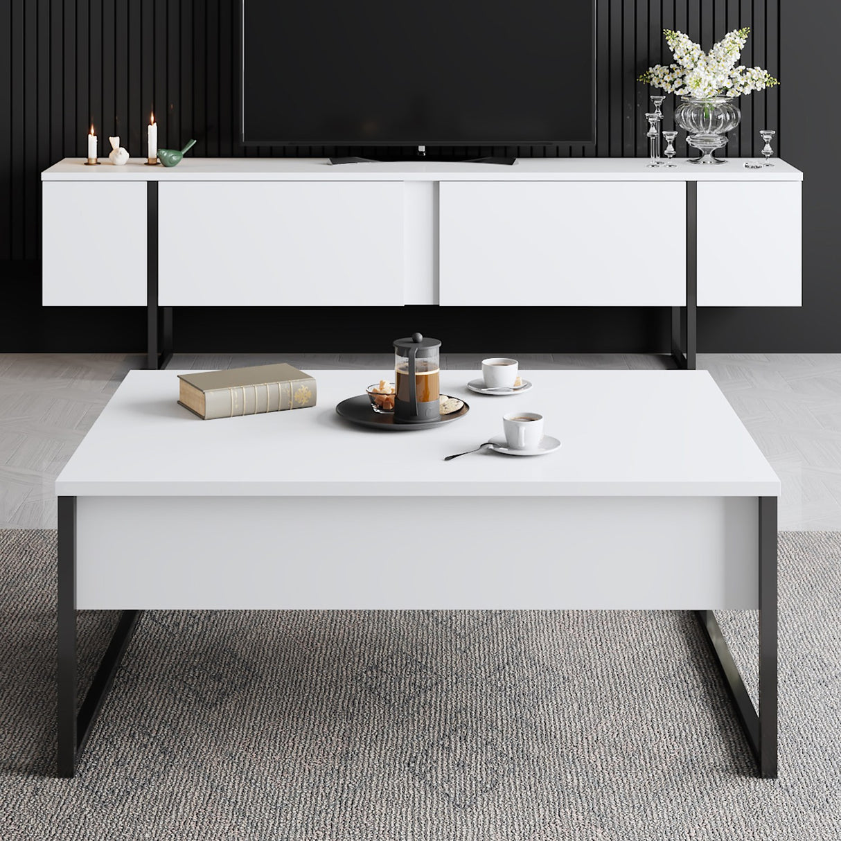 Salontafels - Rechthoekige Salontafel Wit Luxe 90x60 - Zwart Frame - Dimehouse