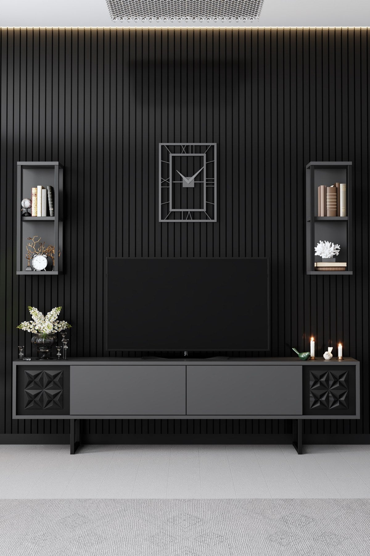 TV Meubels - TV Meubel Set Black Line Antraciet Zwart Melamine 180x48x30 cm - Dimehouse