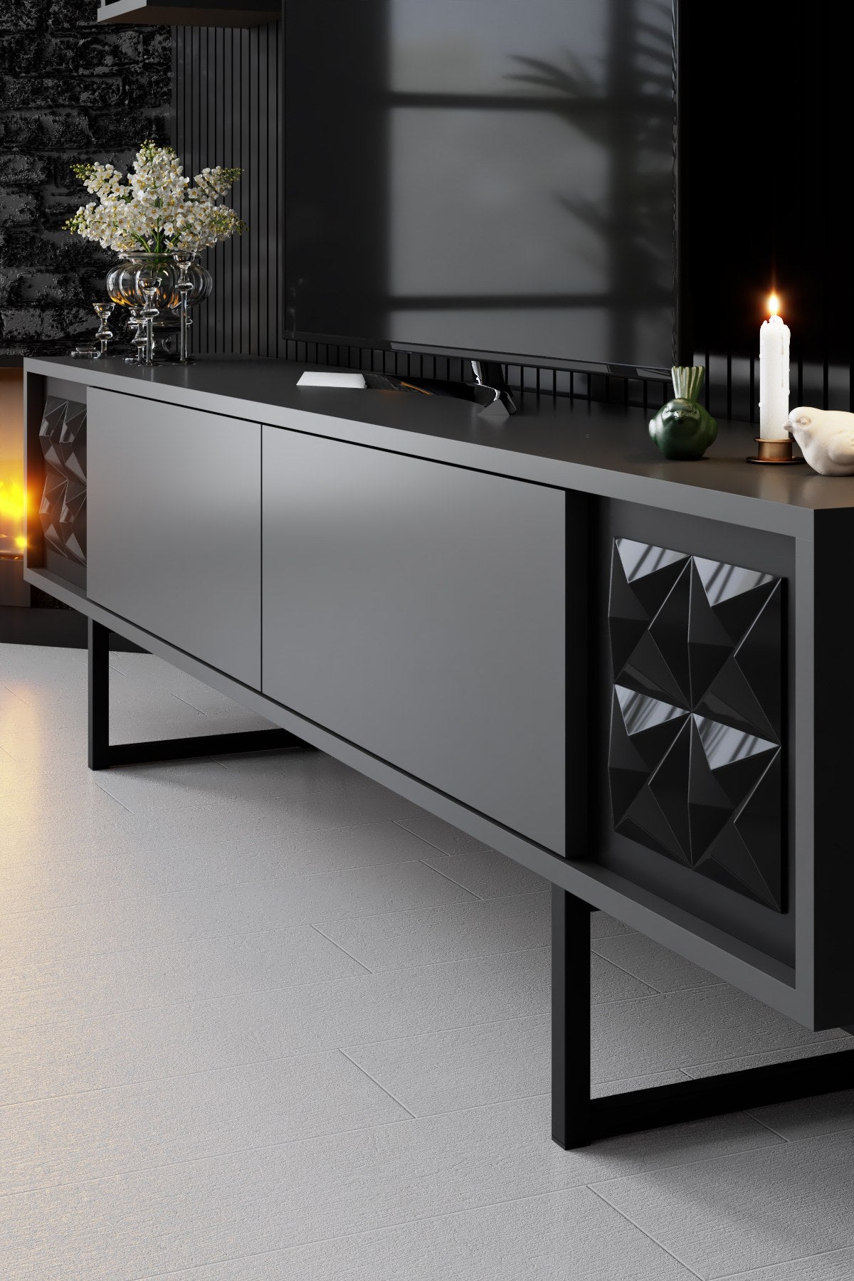 TV Meubels - TV Meubel Set Black Line Antraciet Zwart Melamine 180x48x30 cm - Dimehouse
